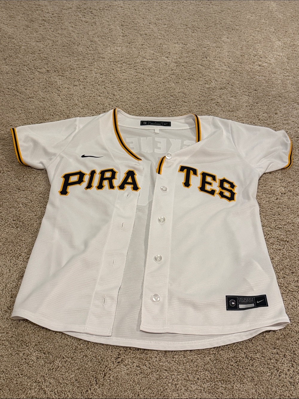 Nike White Pirates Kids Button-Front Jersey with Black and Gold Trim